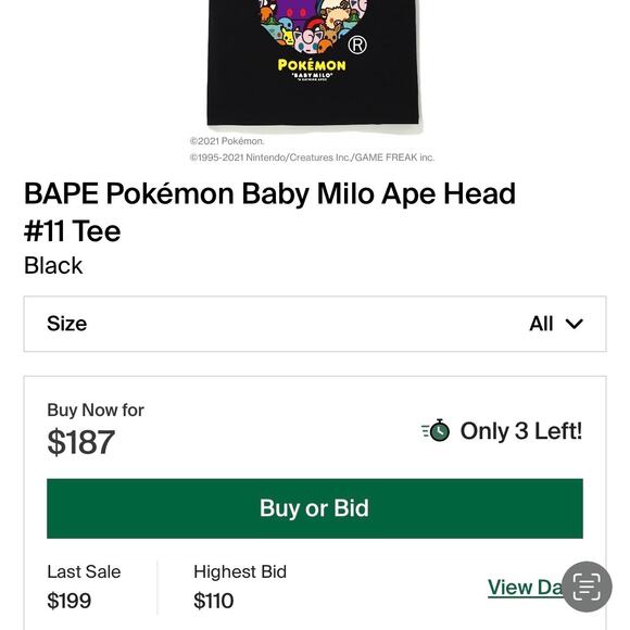 BAPE - SS21 Baby Milo x Pokemon Ape Head #11 Tee - Medium - Black - Used - Picture 9 of 9